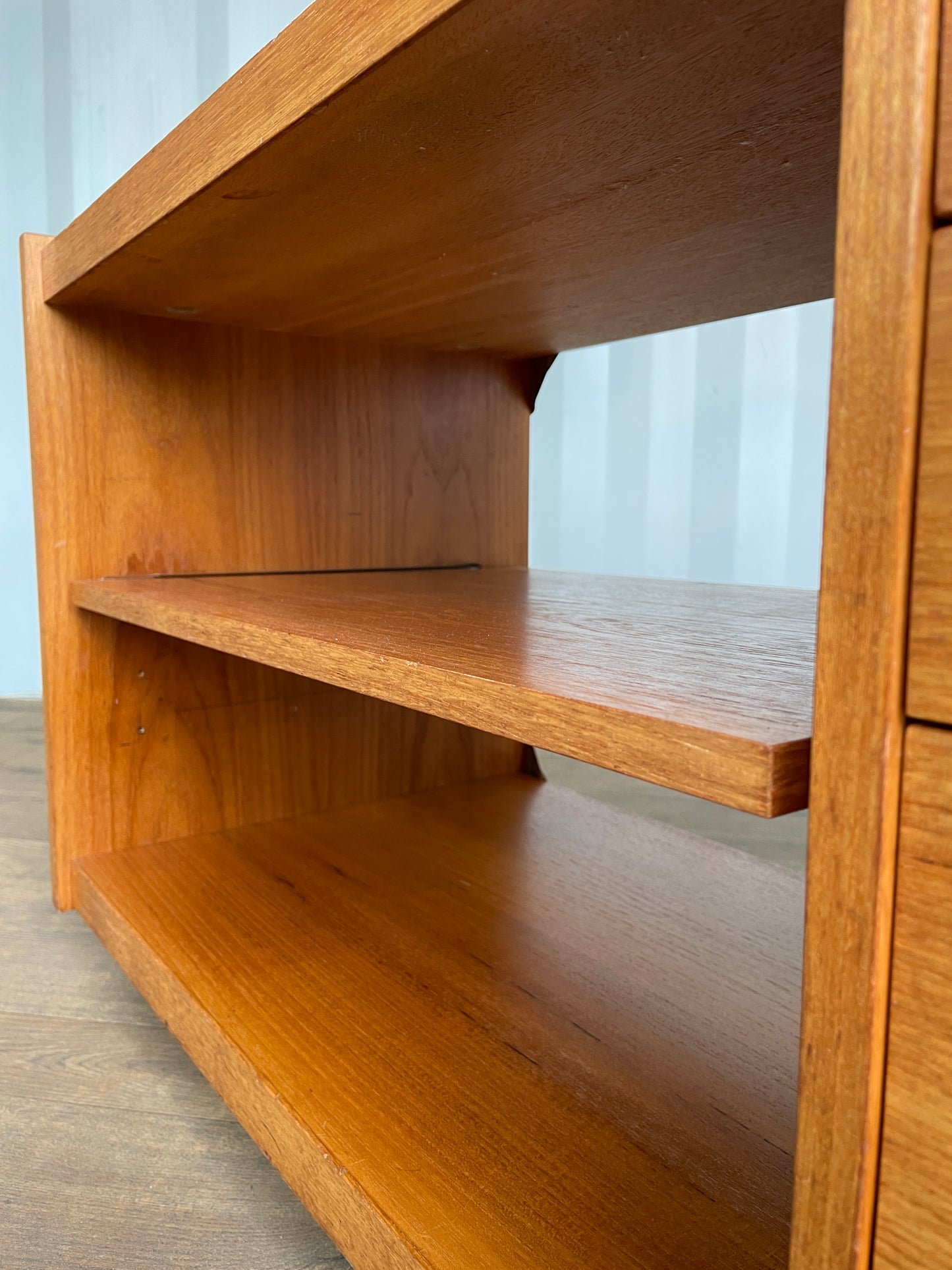 TV Cabinet / Media Unit Danish Style Vintage Teak Mid-Century on Castors – Shelving, Drawers & Pull Out Storage