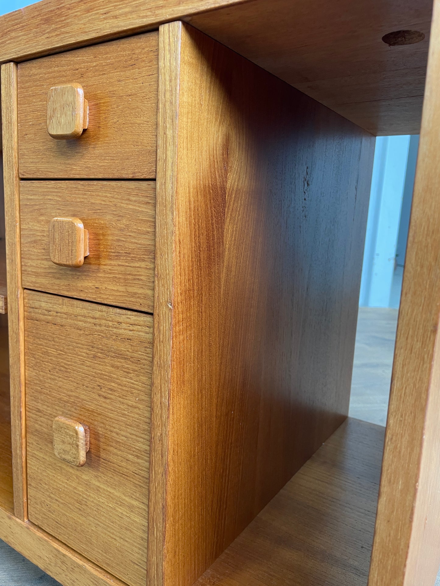 TV Cabinet / Media Unit Danish Style Vintage Teak Mid-Century on Castors – Shelving, Drawers & Pull Out Storage