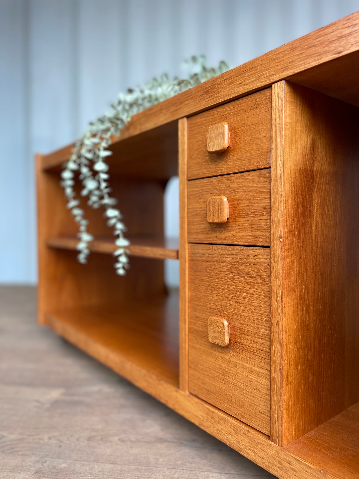 TV Cabinet / Media Unit Danish Style Vintage Teak Mid-Century on Castors – Shelving, Drawers & Pull Out Storage