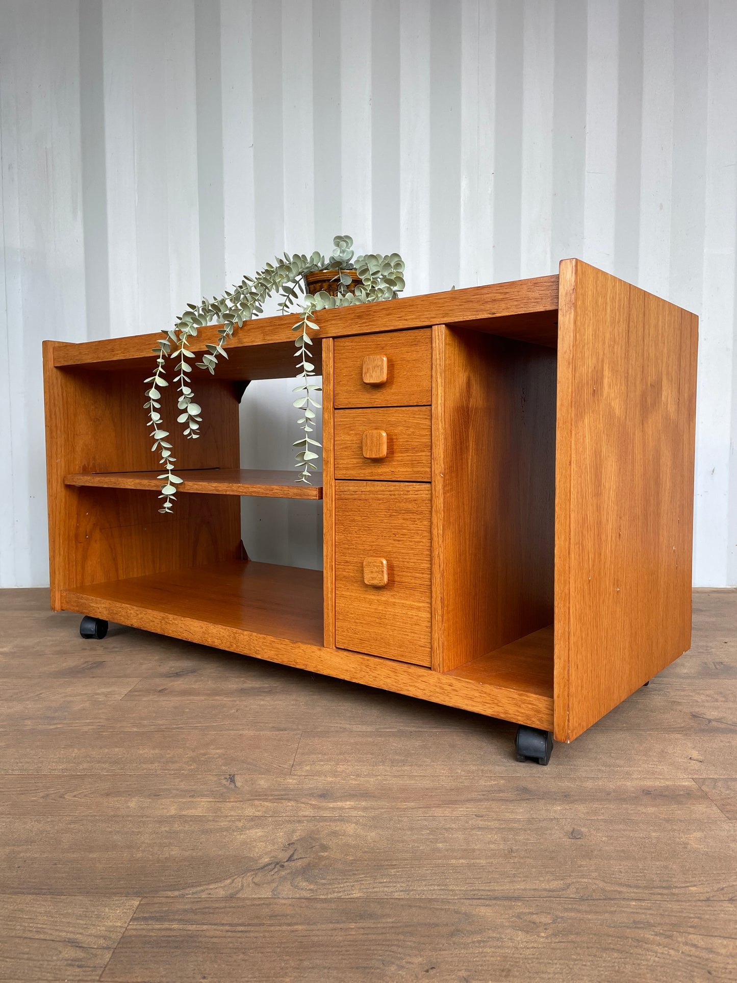 TV Cabinet / Media Unit Danish Style Vintage Teak Mid-Century on Castors – Shelving, Drawers & Pull Out Storage