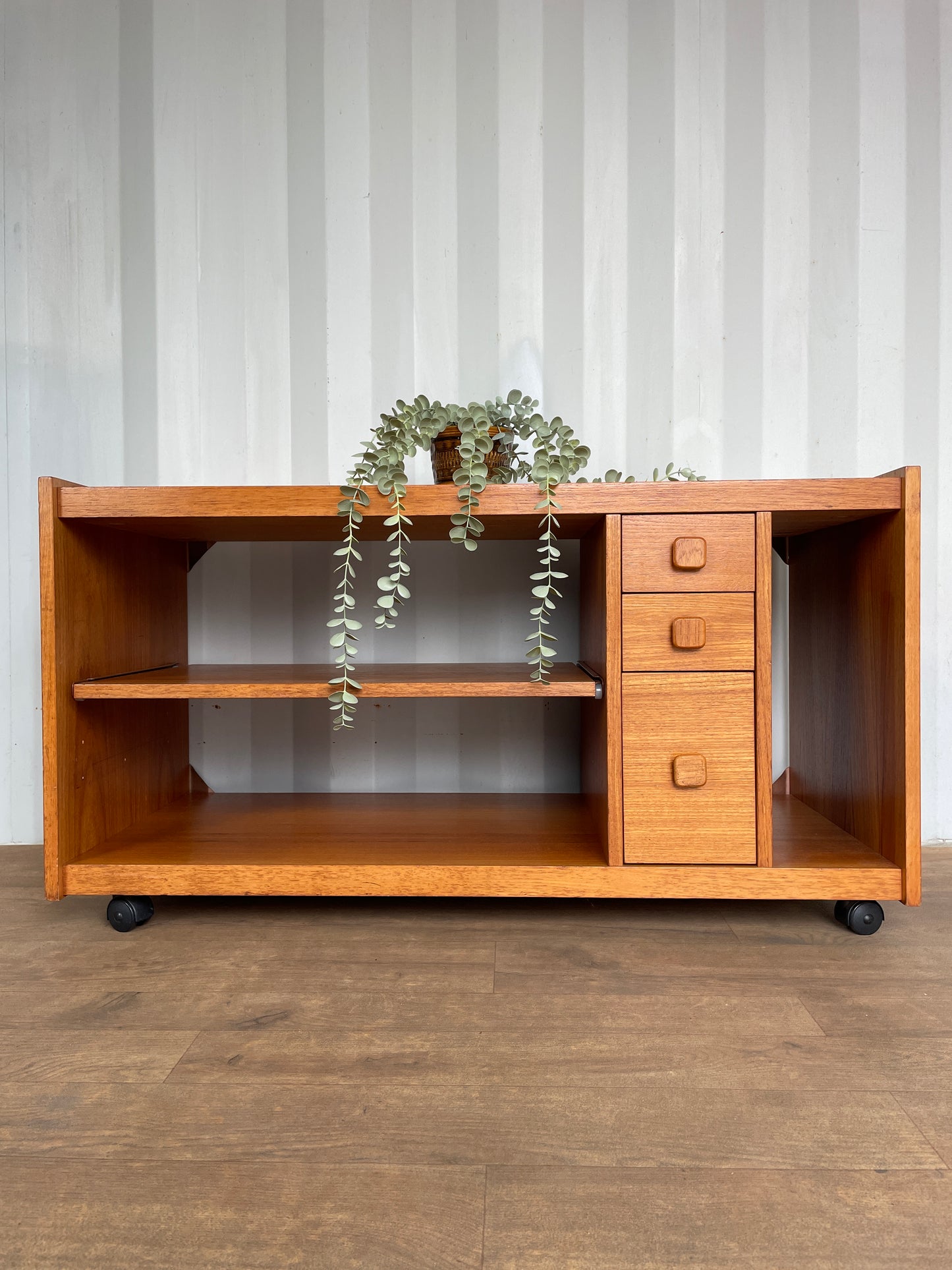 TV Cabinet / Media Unit Danish Style Vintage Teak Mid-Century on Castors – Shelving, Drawers & Pull Out Storage