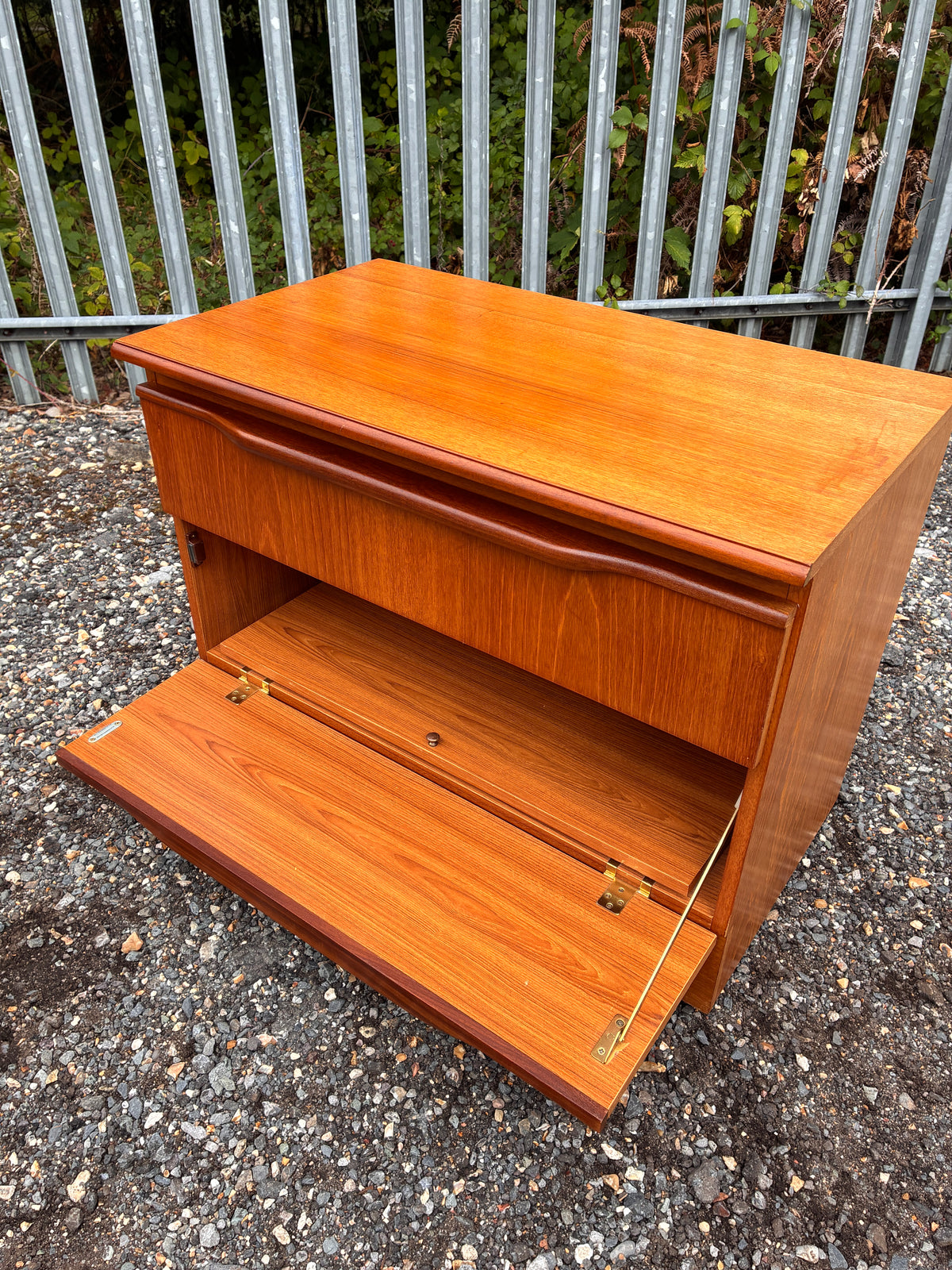 Vintage Teak TV Cabinet | Small Media Unit with Drawer & Drop-Front Storage - Mid-Century