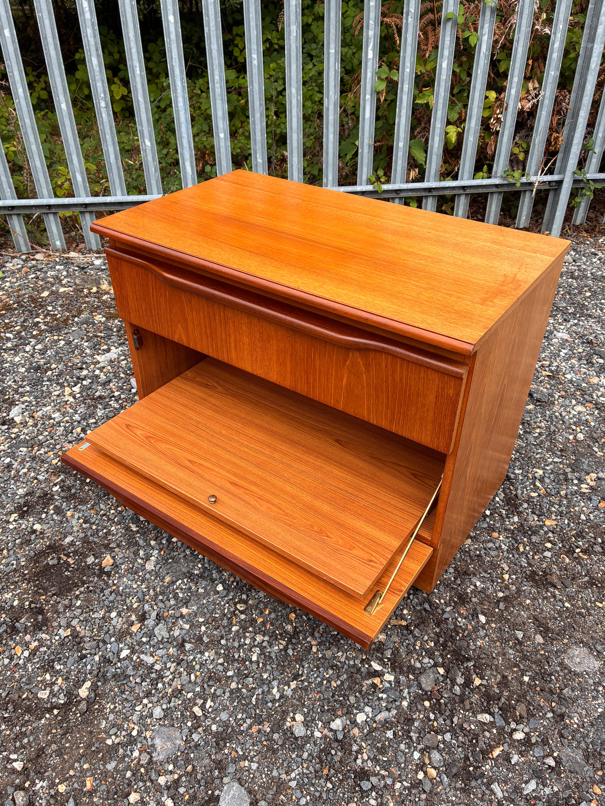 Vintage Teak TV Cabinet | Small Media Unit with Drawer & Drop-Front Storage - Mid-Century