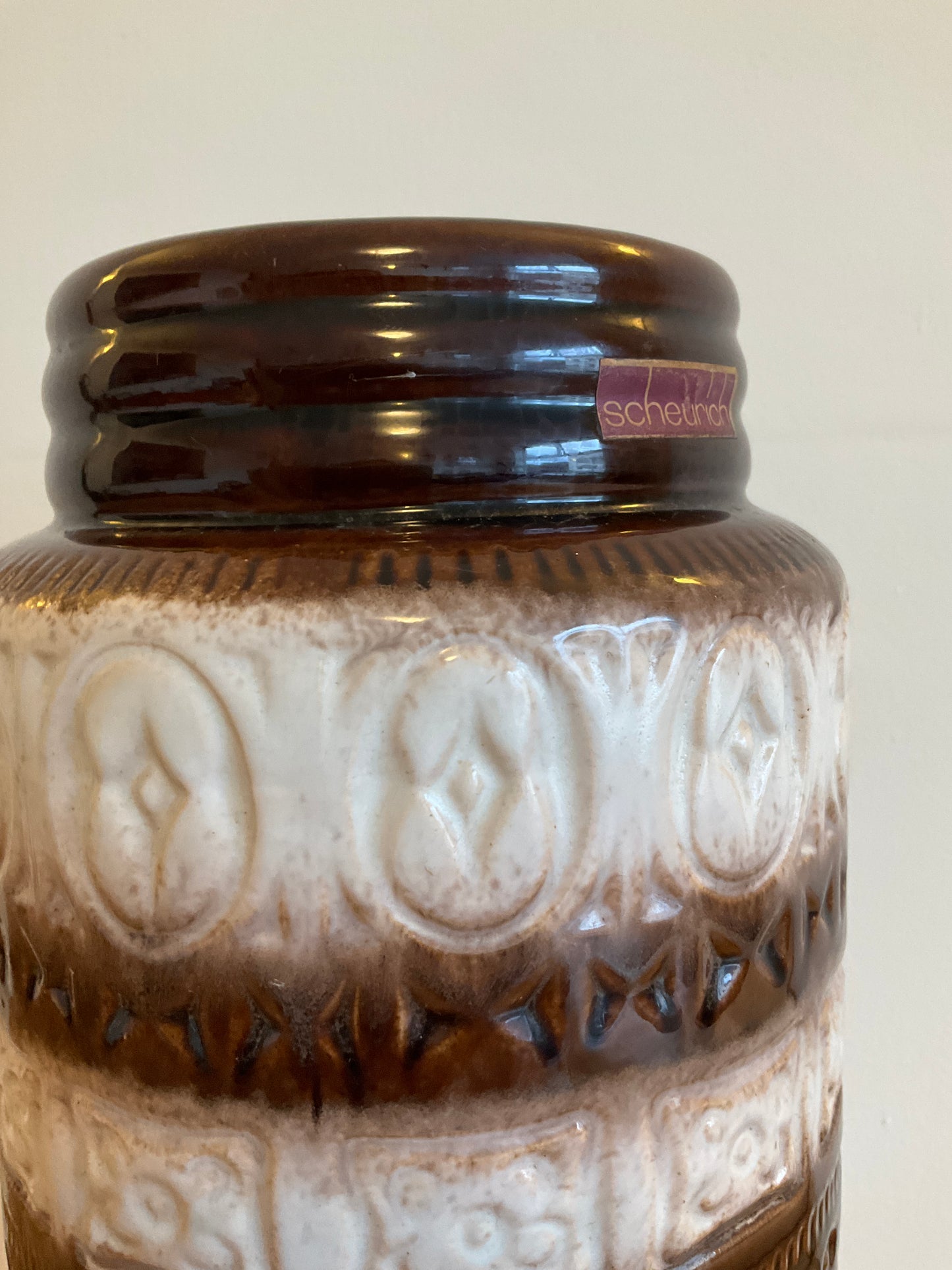 Vintage Scheurich 289-41 West German Floor Vase 41cm – Mid Century White & Brown Ceramic