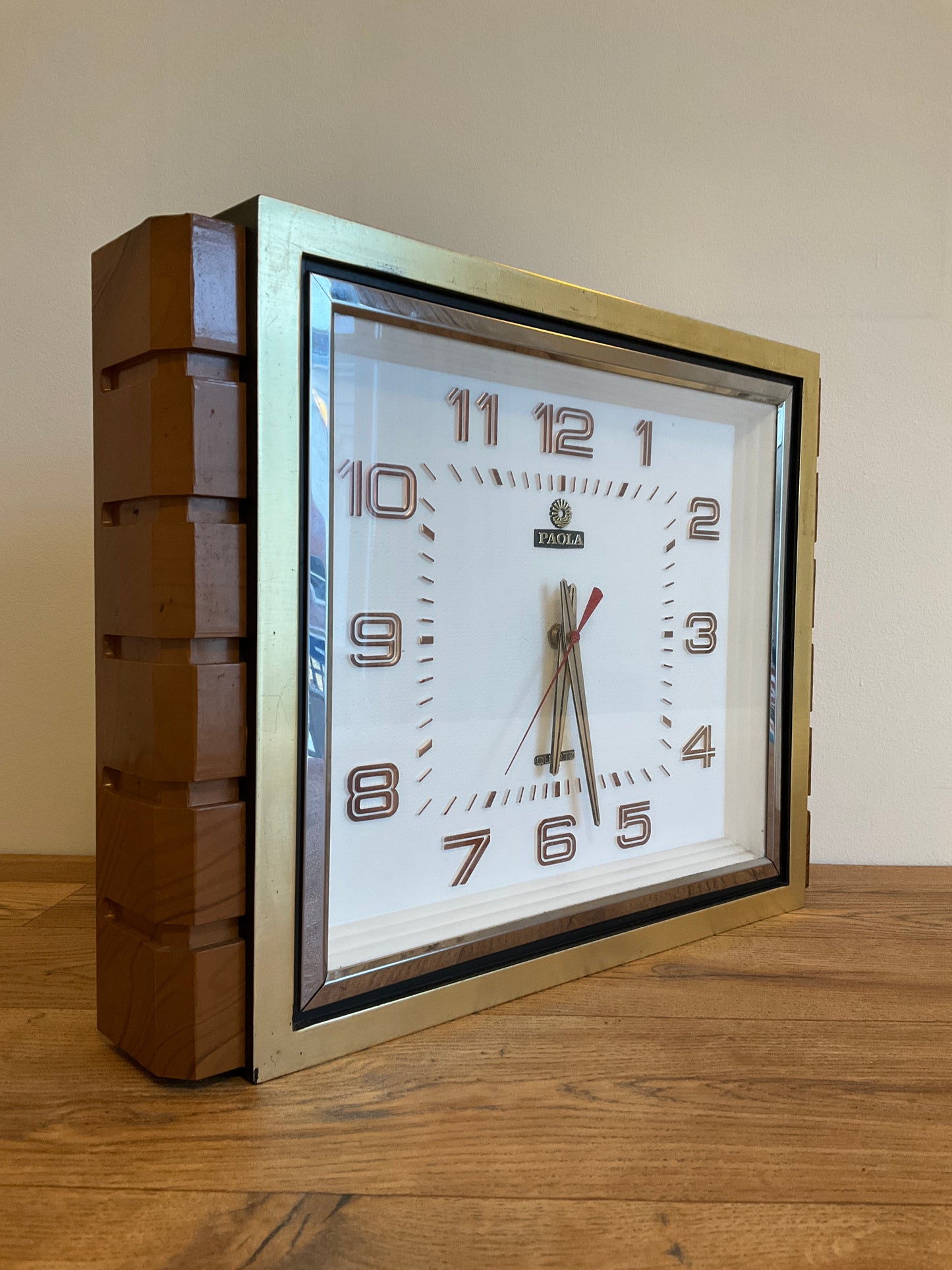 Vintage Mid-Century Paola Quartz Wall Clock 44cm Brass & Teak Effect Retro 1970s