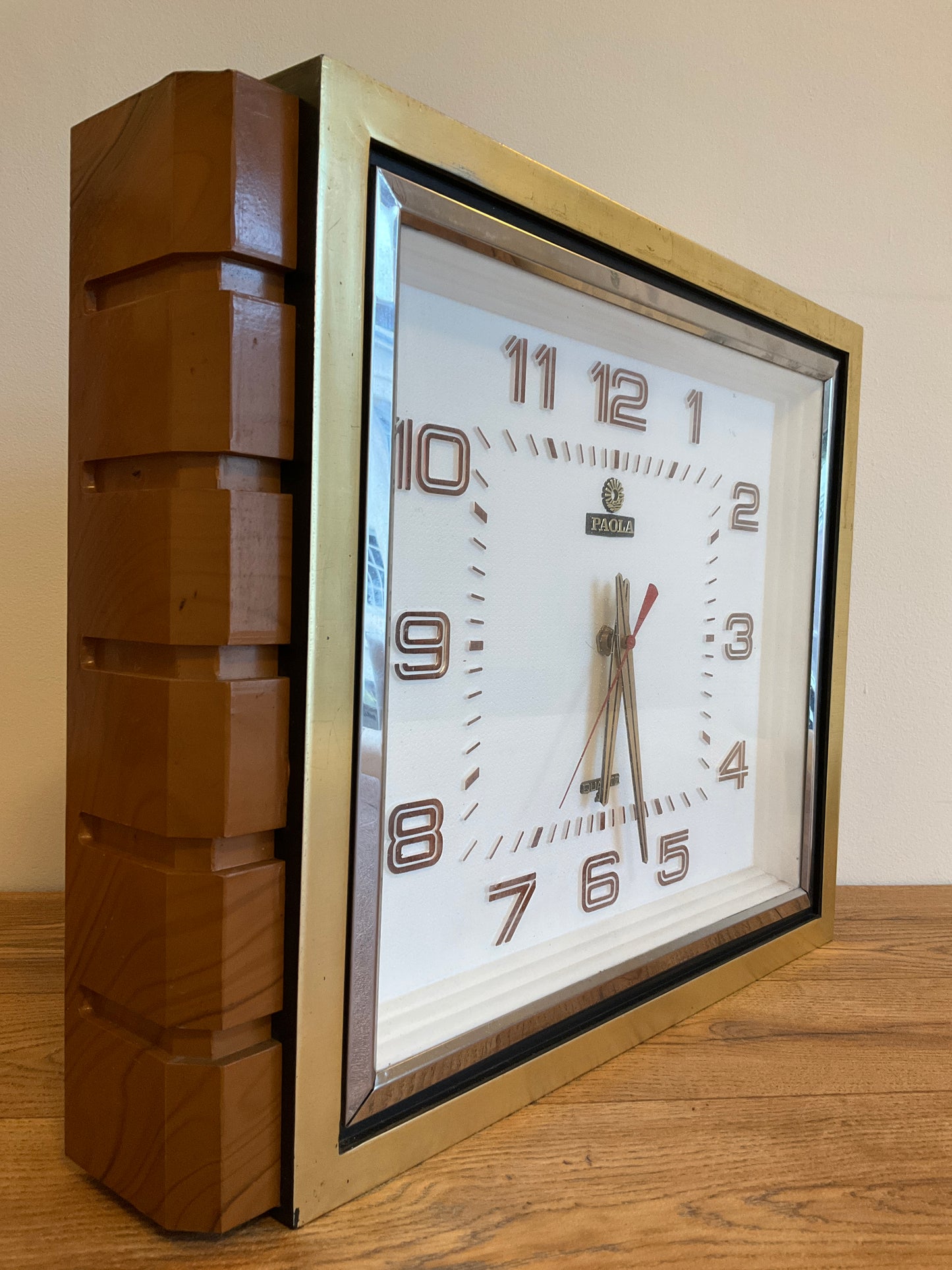 Vintage Mid-Century Paola Quartz Wall Clock 44cm Brass & Teak Effect Retro 1970s