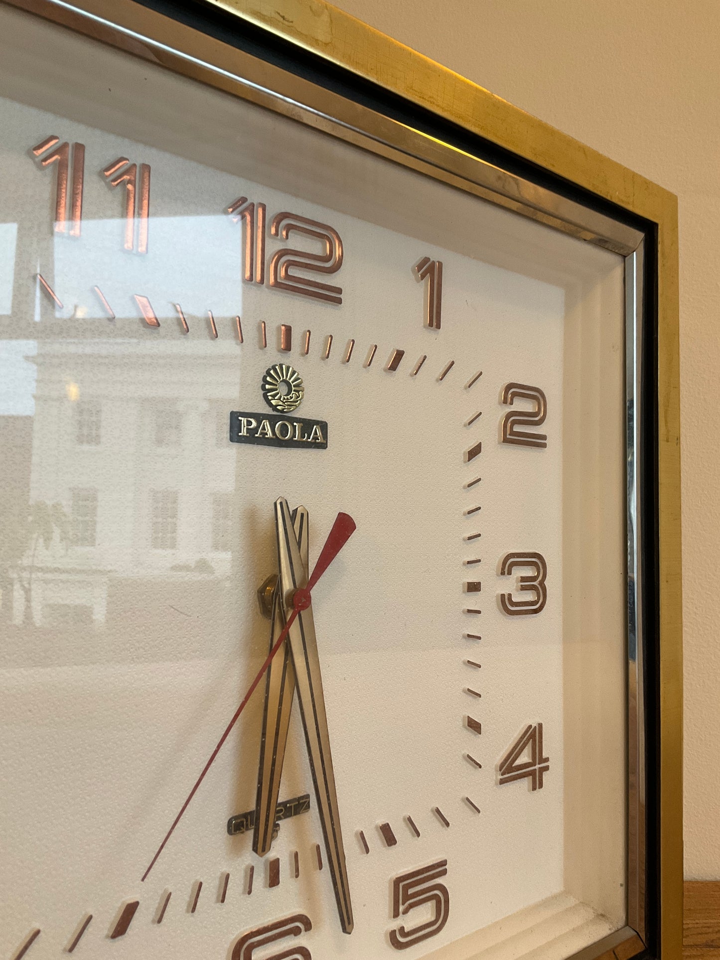 Vintage Mid-Century Paola Quartz Wall Clock 44cm Brass & Teak Effect Retro 1970s