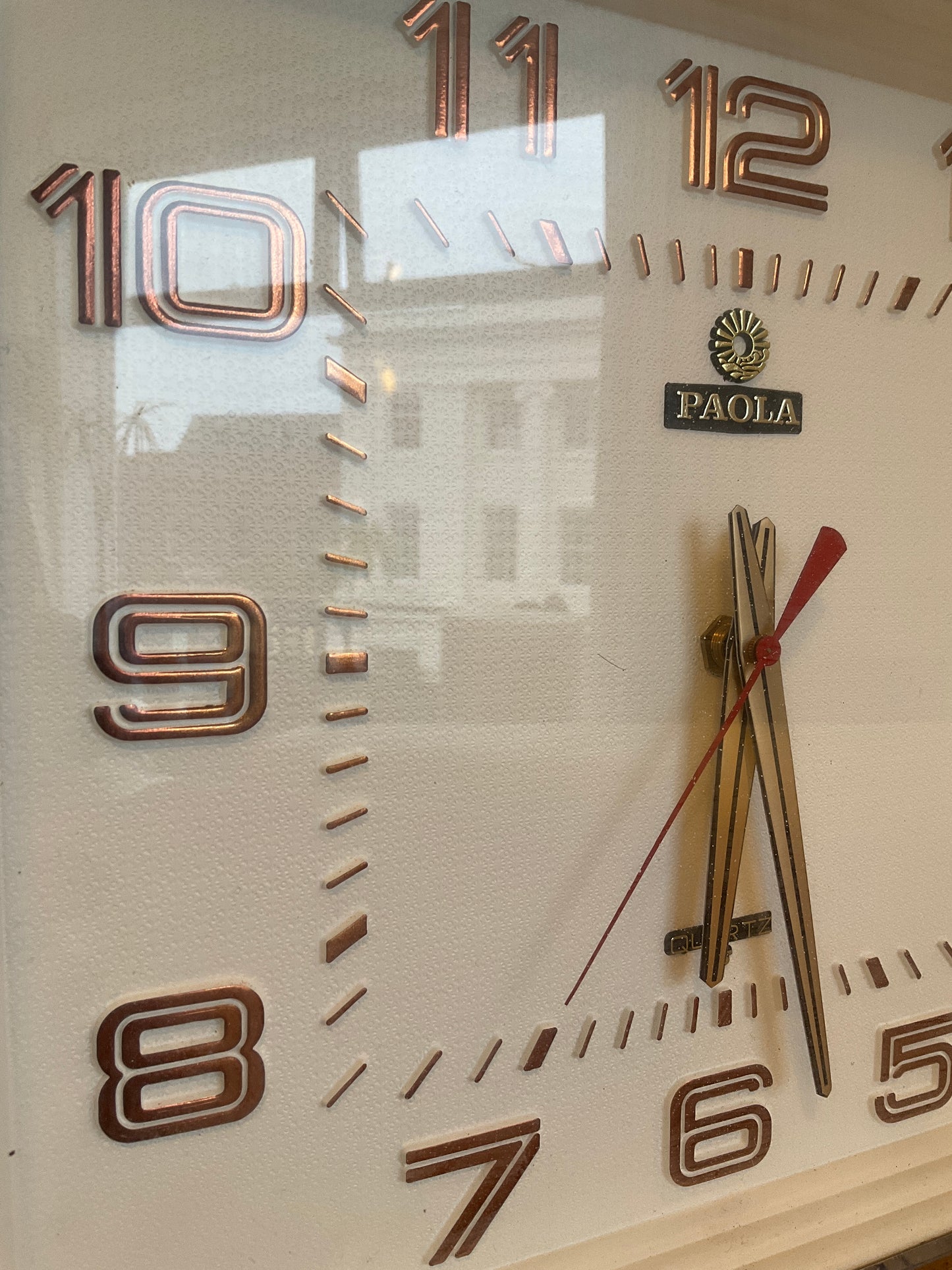 Vintage Mid-Century Paola Quartz Wall Clock 44cm Brass & Teak Effect Retro 1970s