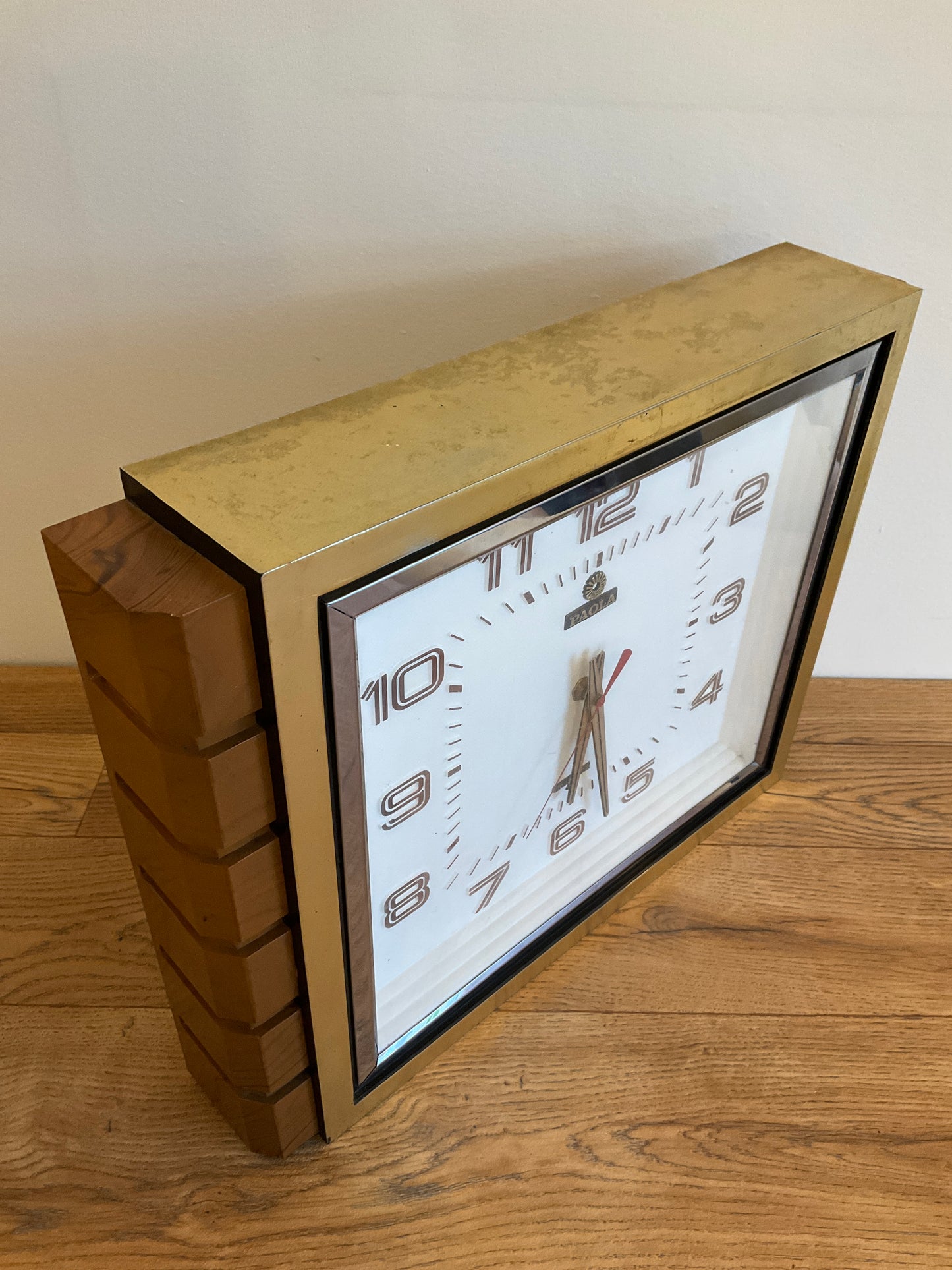 Vintage Mid-Century Paola Quartz Wall Clock 44cm Brass & Teak Effect Retro 1970s