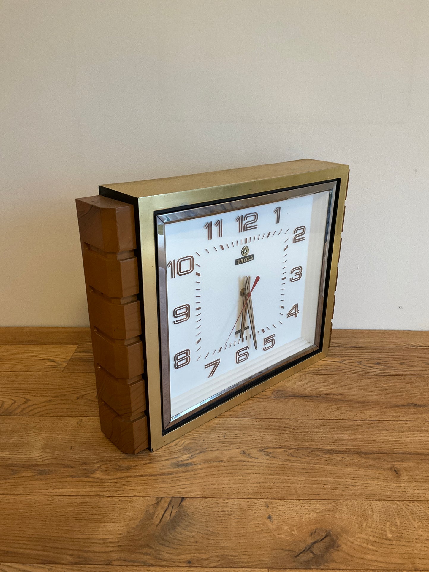 Vintage Mid-Century Paola Quartz Wall Clock 44cm Brass & Teak Effect Retro 1970s