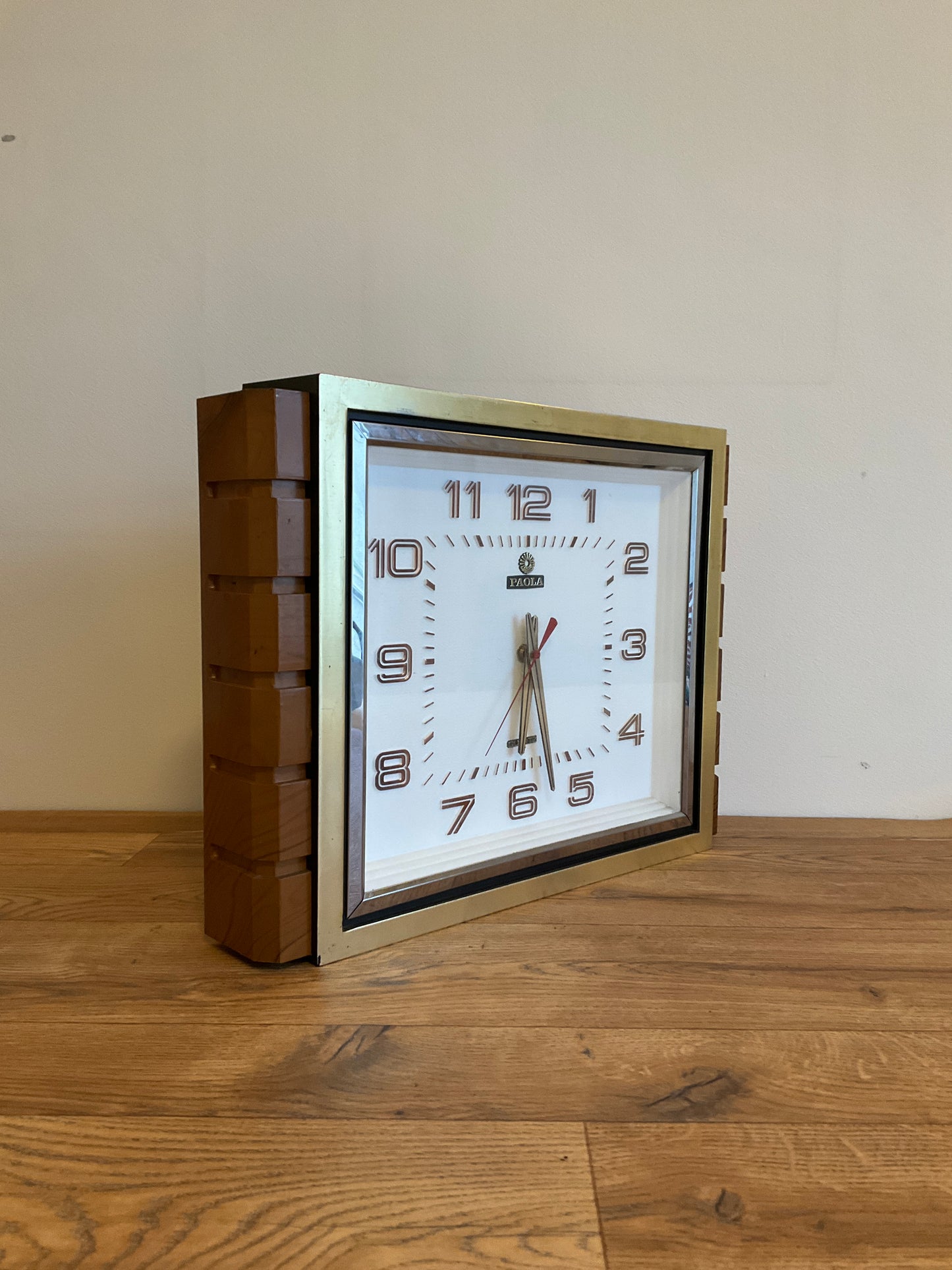 Vintage Mid-Century Paola Quartz Wall Clock 44cm Brass & Teak Effect Retro 1970s