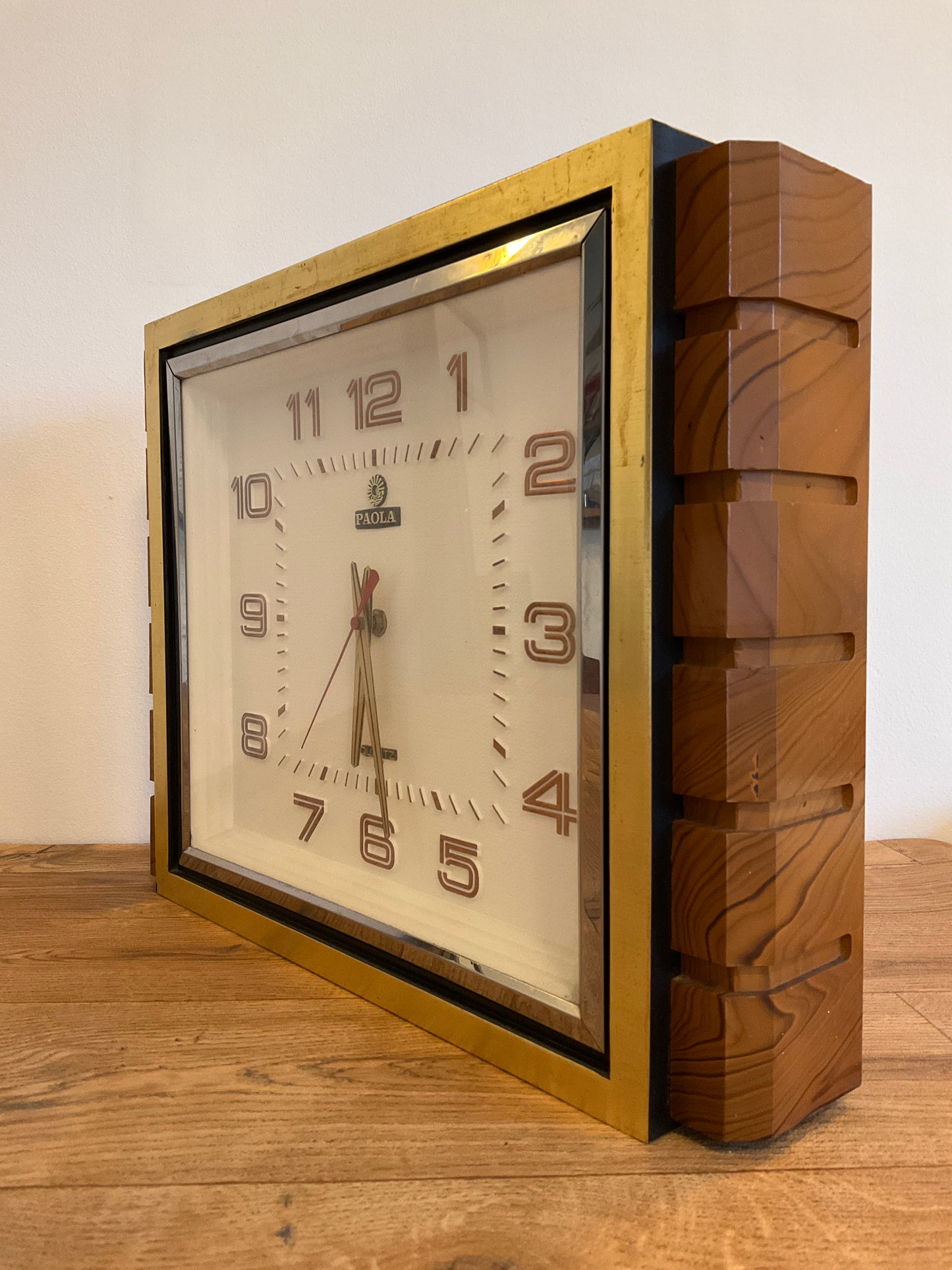 Vintage Mid-Century Paola Quartz Wall Clock 44cm Brass & Teak Effect Retro 1970s
