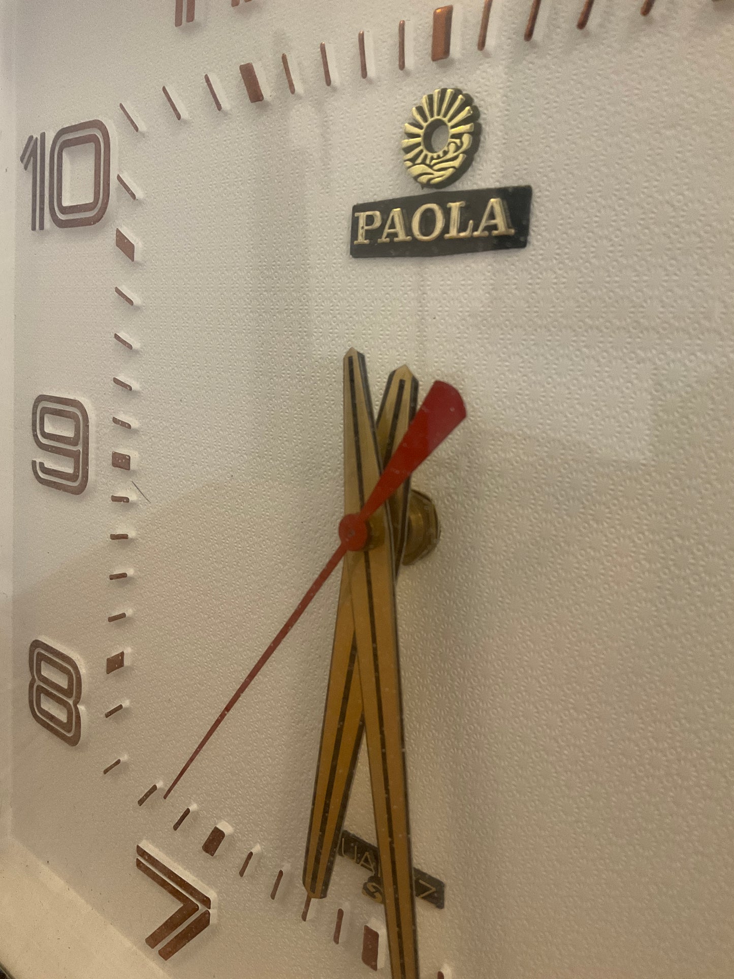 Vintage Mid-Century Paola Quartz Wall Clock 44cm Brass & Teak Effect Retro 1970s