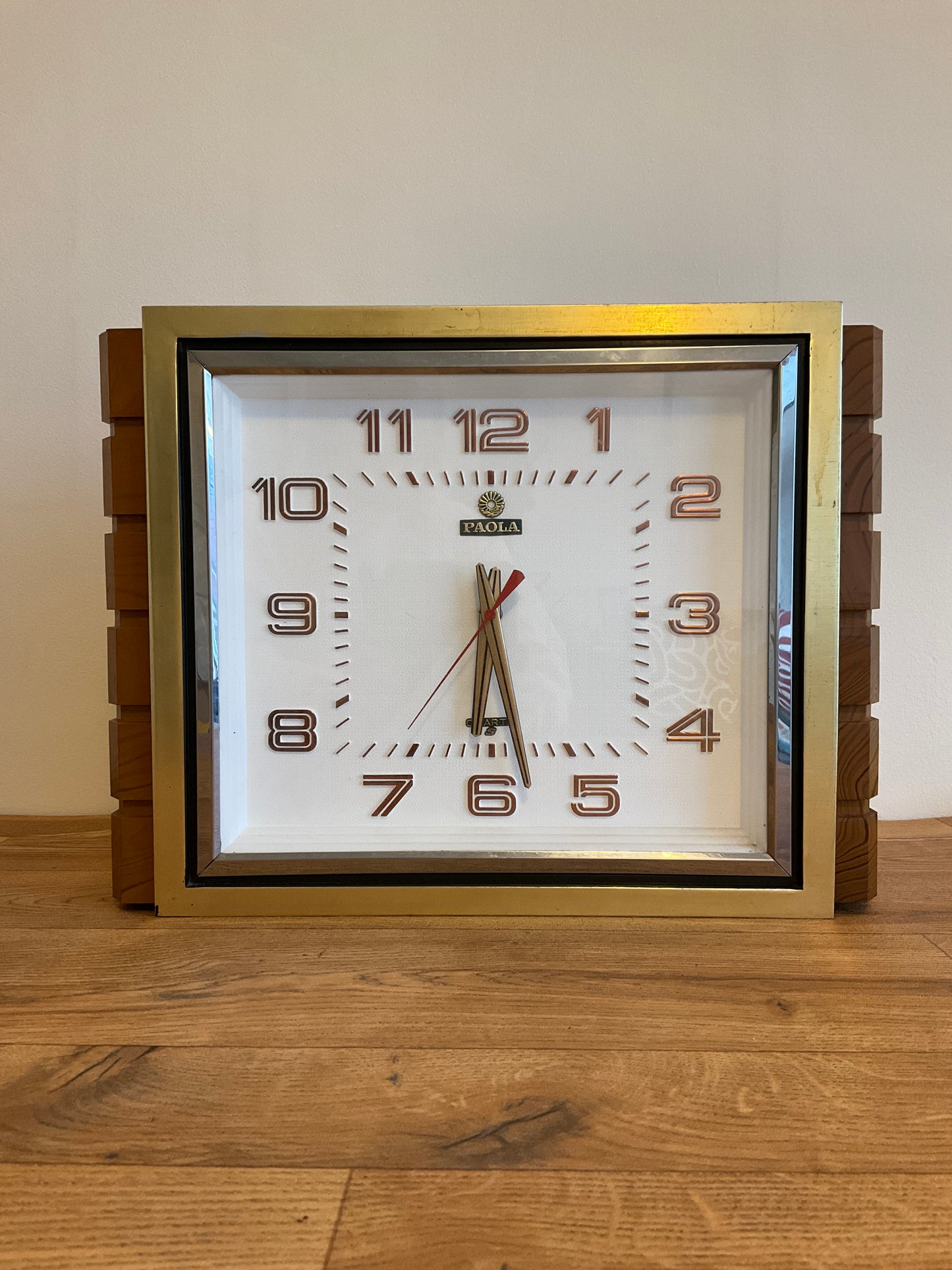 Vintage Mid-Century Paola Quartz Wall Clock 44cm Brass & Teak Effect Retro 1970s