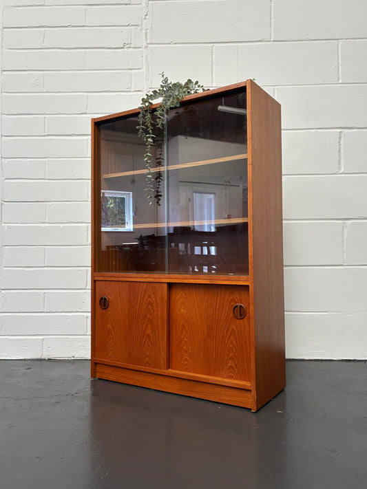 Vintage Mid-Century Teak Glass Display Cabinet with Sliding Doors