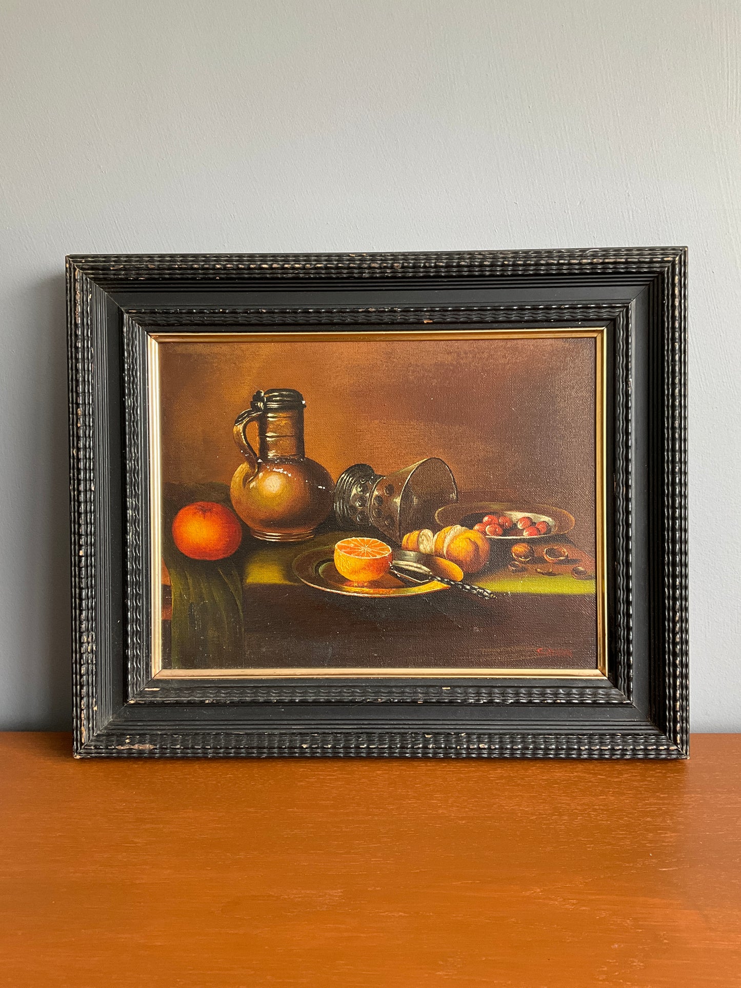 Vintage Still Life Oil Painting on Canvas – Fruit & Jug Composition – Black Wooden Frame – 46cm x 37cm