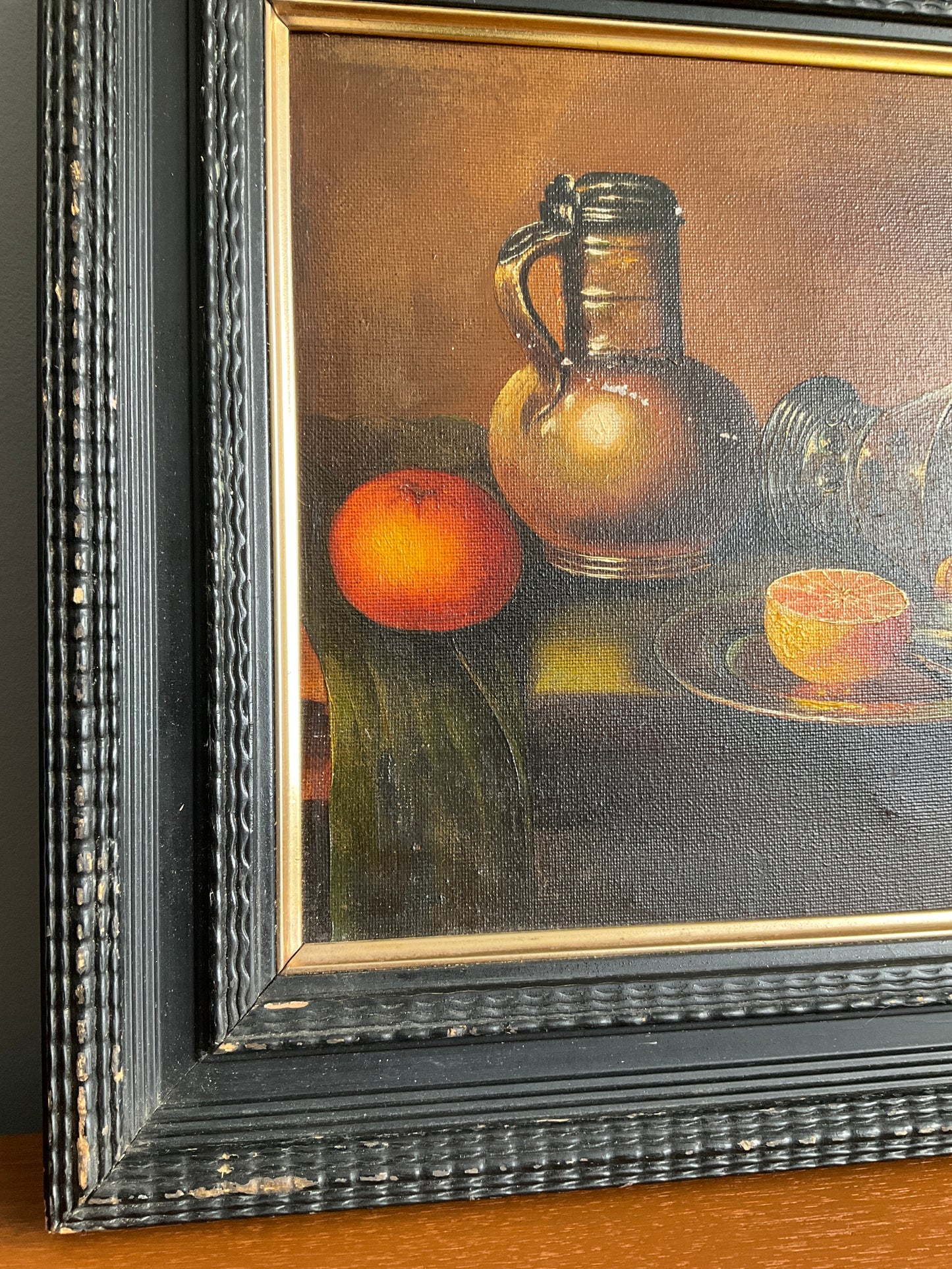 Vintage Still Life Oil Painting on Canvas – Fruit & Jug Composition – Black Wooden Frame – 46cm x 37cm