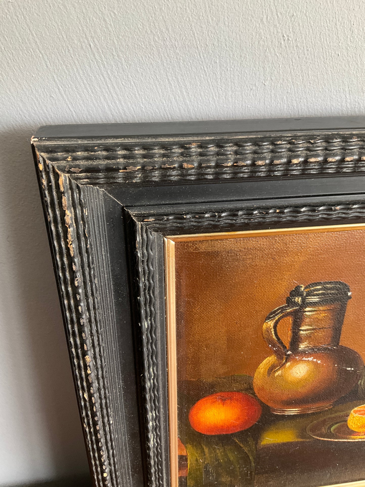 Vintage Still Life Oil Painting on Canvas – Fruit & Jug Composition – Black Wooden Frame – 46cm x 37cm