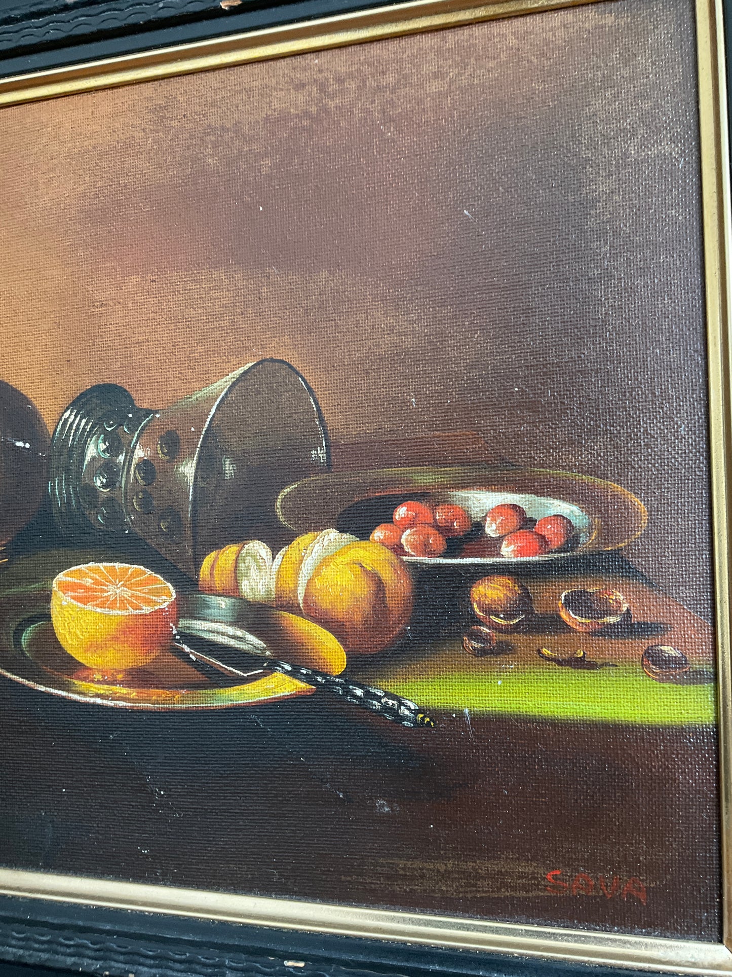 Vintage Still Life Oil Painting on Canvas – Fruit & Jug Composition – Black Wooden Frame – 46cm x 37cm