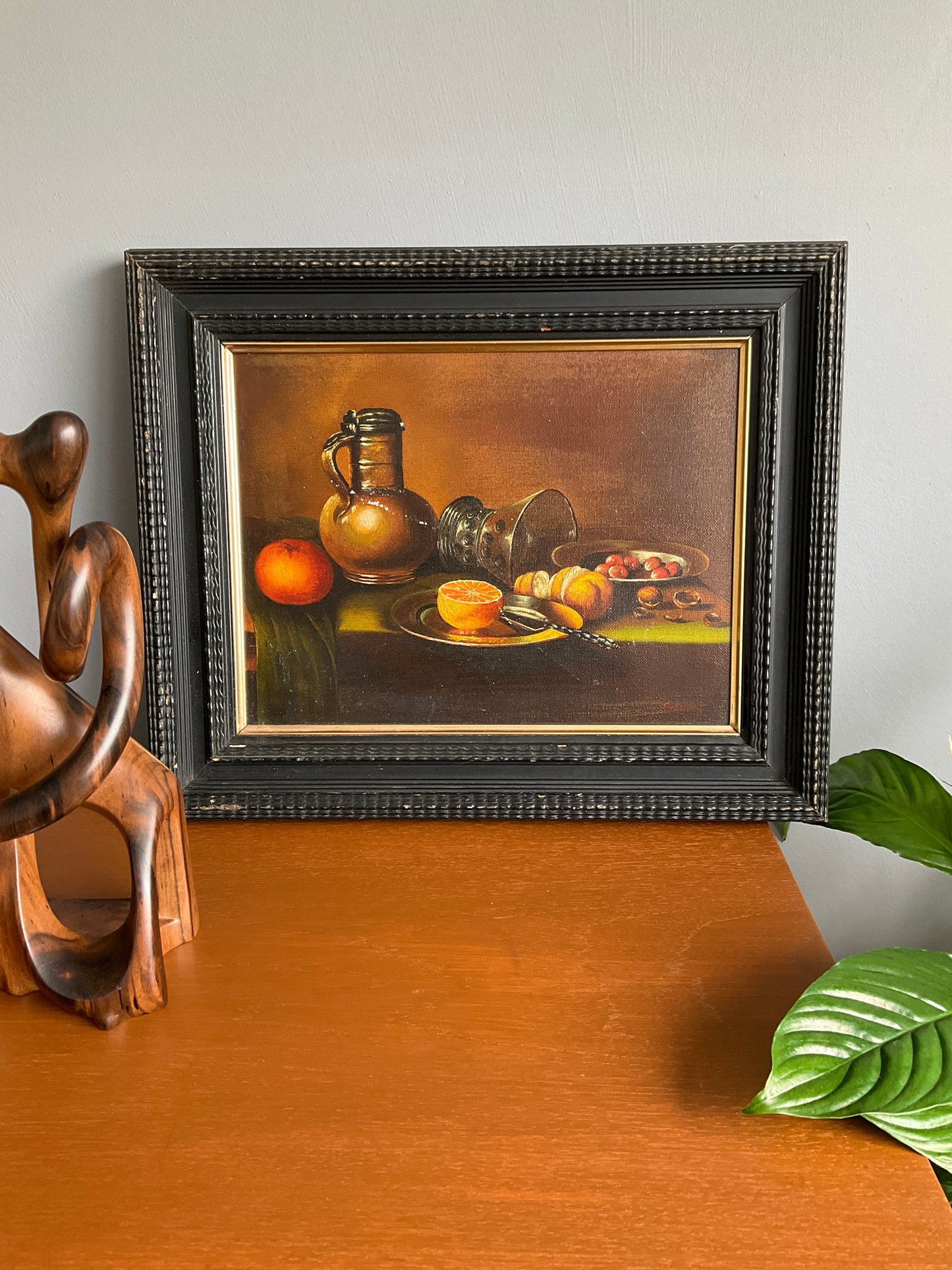 Vintage Still Life Oil Painting on Canvas – Fruit & Jug Composition – Black Wooden Frame – 46cm x 37cm