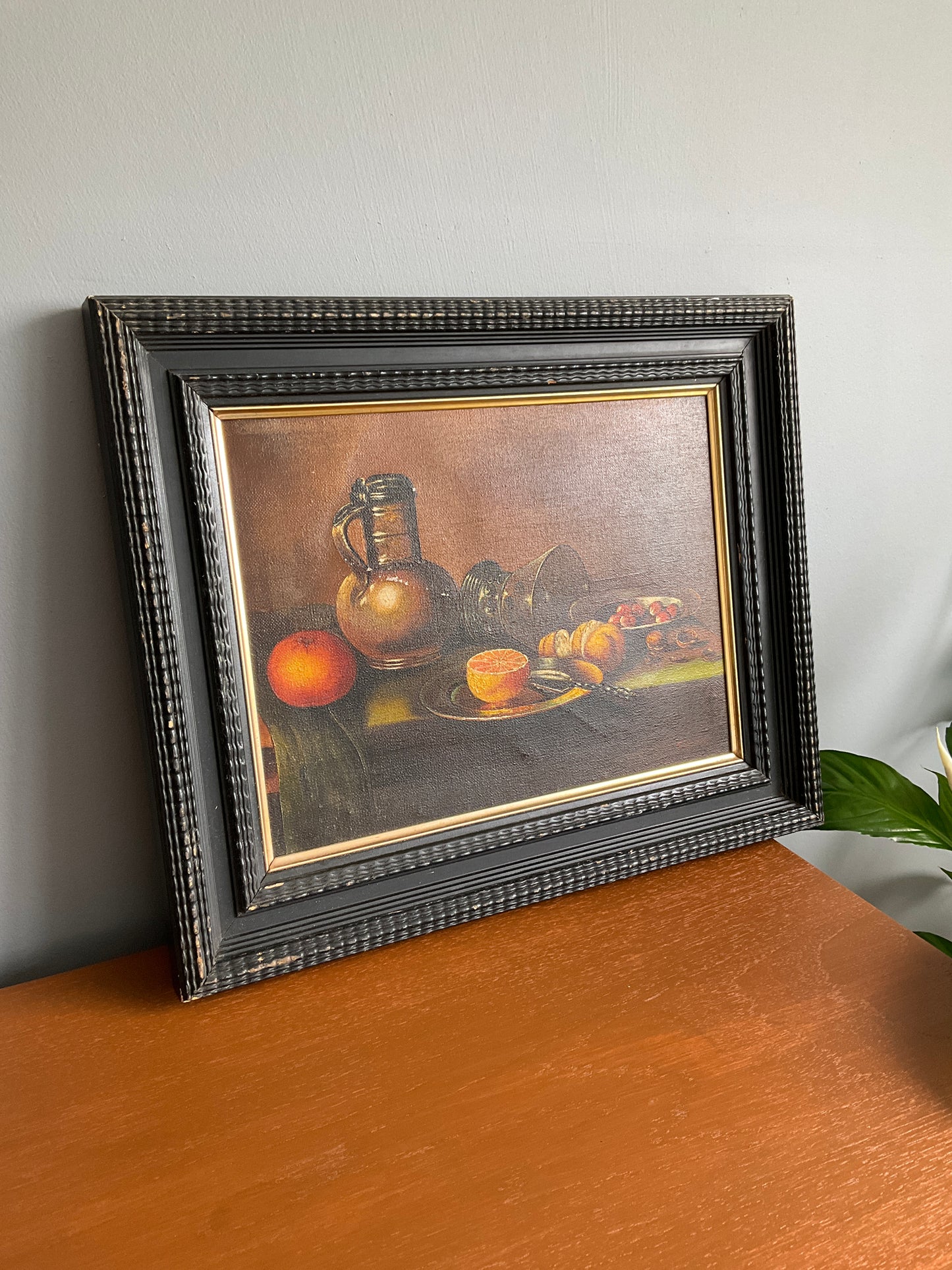 Vintage Still Life Oil Painting on Canvas – Fruit & Jug Composition – Black Wooden Frame – 46cm x 37cm