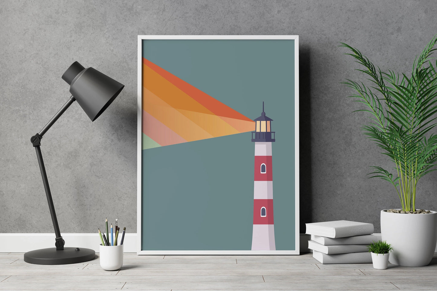 Mid-Century Rainbow Lighthouse Print Poster - Multicoloured - Wall Art - A4