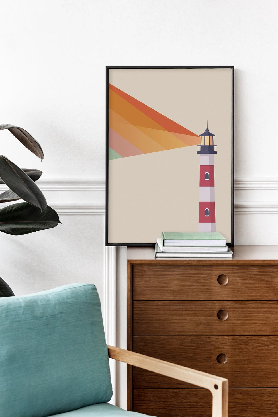 Mid-Century Rainbow Lighthouse Print Poster - Multicoloured - Wall Art - A4