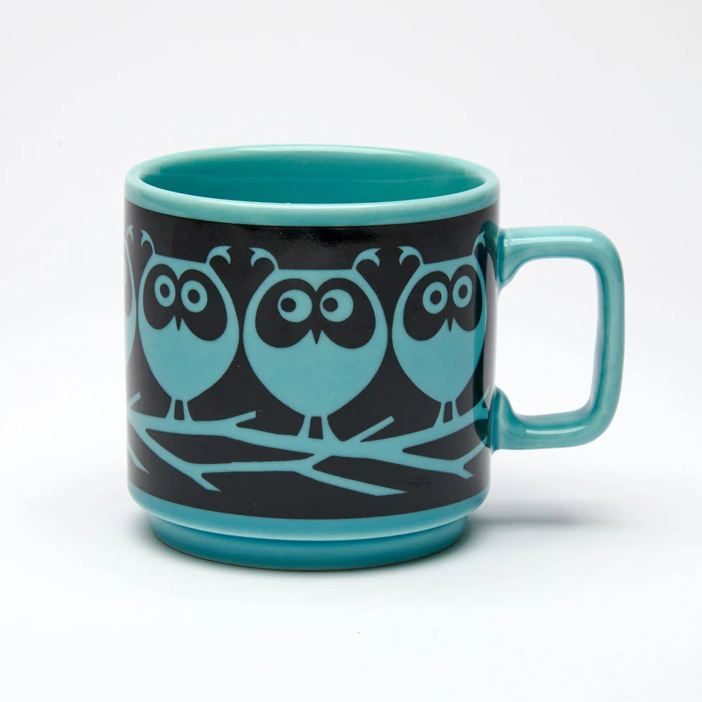 Hornsea Owls On Branch Mug Teal Blue